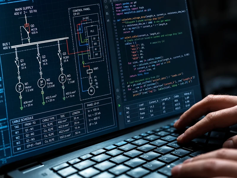 Schema elettrico di un quadro e calcolo della caduta di tensione dei cavi sullo schermo di un portatile